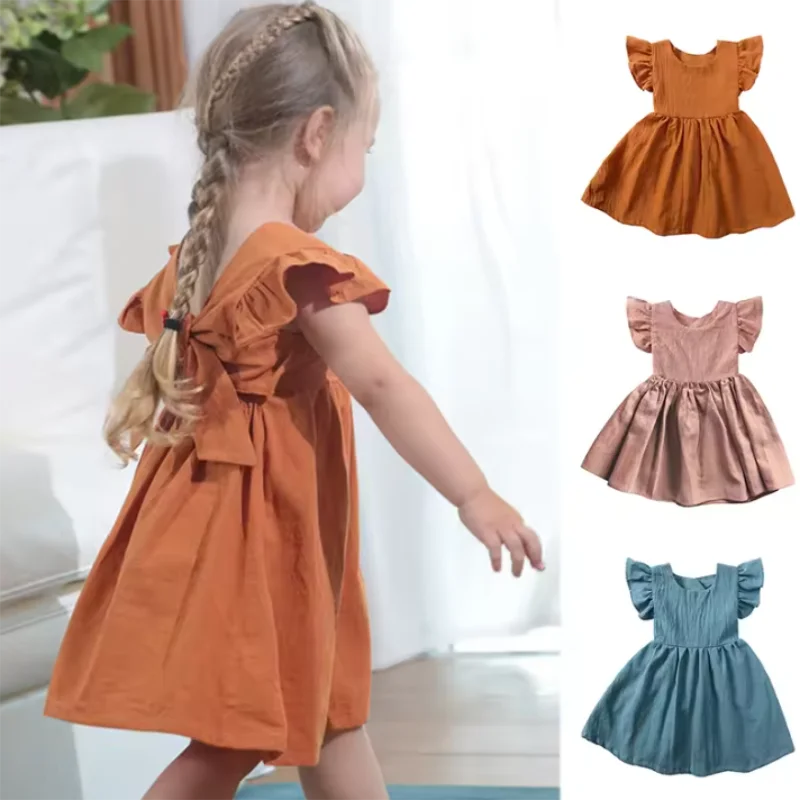 2025 Summer Dress Kids Clothes Baby Girls Short Sleeve Linen Cotton A-Line Princess Dress For Toddler Party Casual Holiday Dress