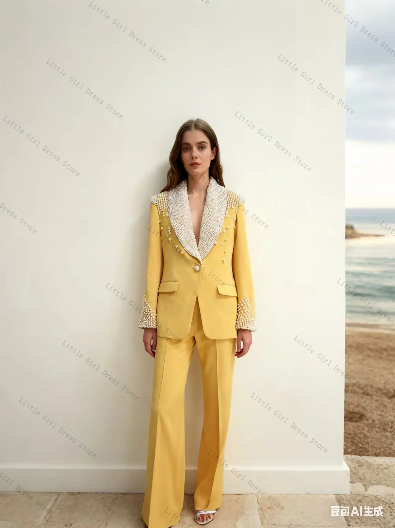 Ensemble de costume jaune perles pour femmes, 2 pièces, Blazer, pantalon, luxe, formel, bureau, veste pour bal de promo, mariage, manteau de mariée personnalisé