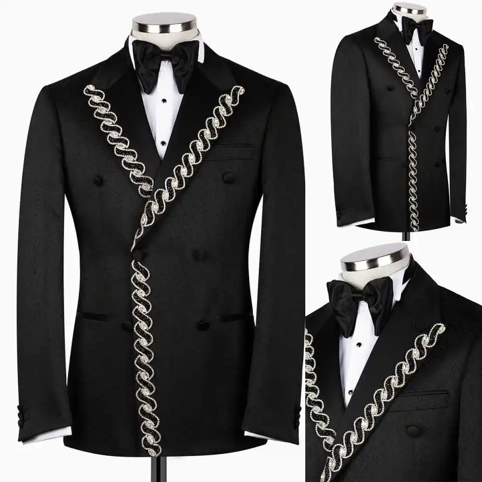

Luxurious Wedding Groom Tuxedo 2 Piece Blazer Pants Peaked Lapel Crystal Formal Occasions Party Customized
