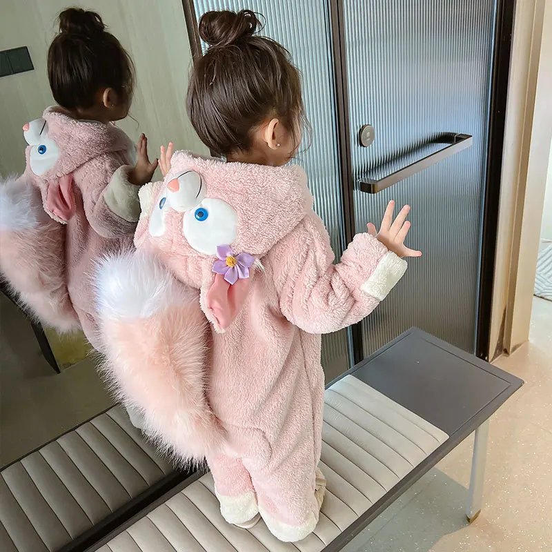 Pijamas de una pieza Kawaii Linabell de invierno para bebé, traje cálido de terciopelo Coral para niños, traje para gatear que se puede usar en el exterior