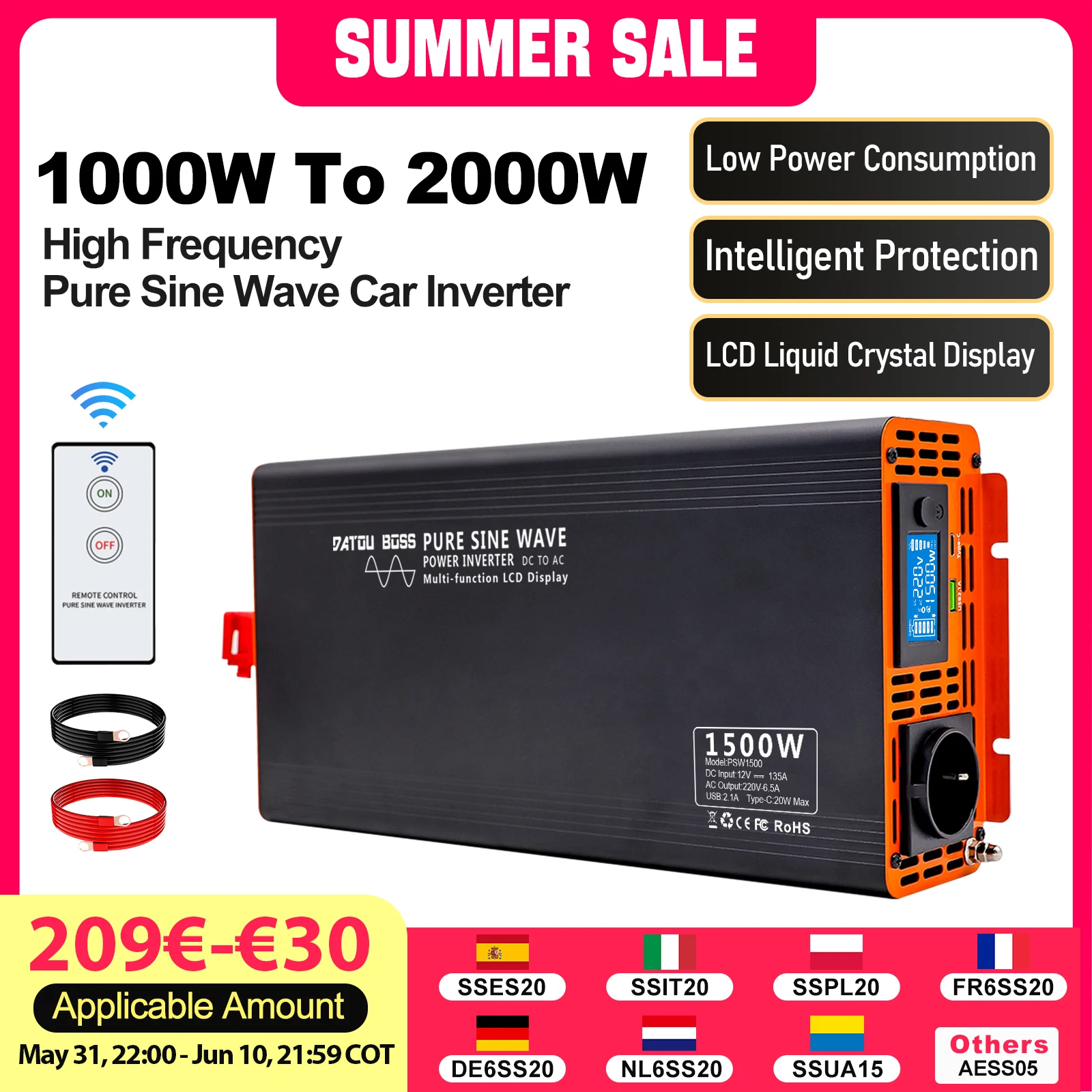 DATOUBOSS純正弦波カーインバーター4000W DC12V 24V 36V 48V 60V 72V
