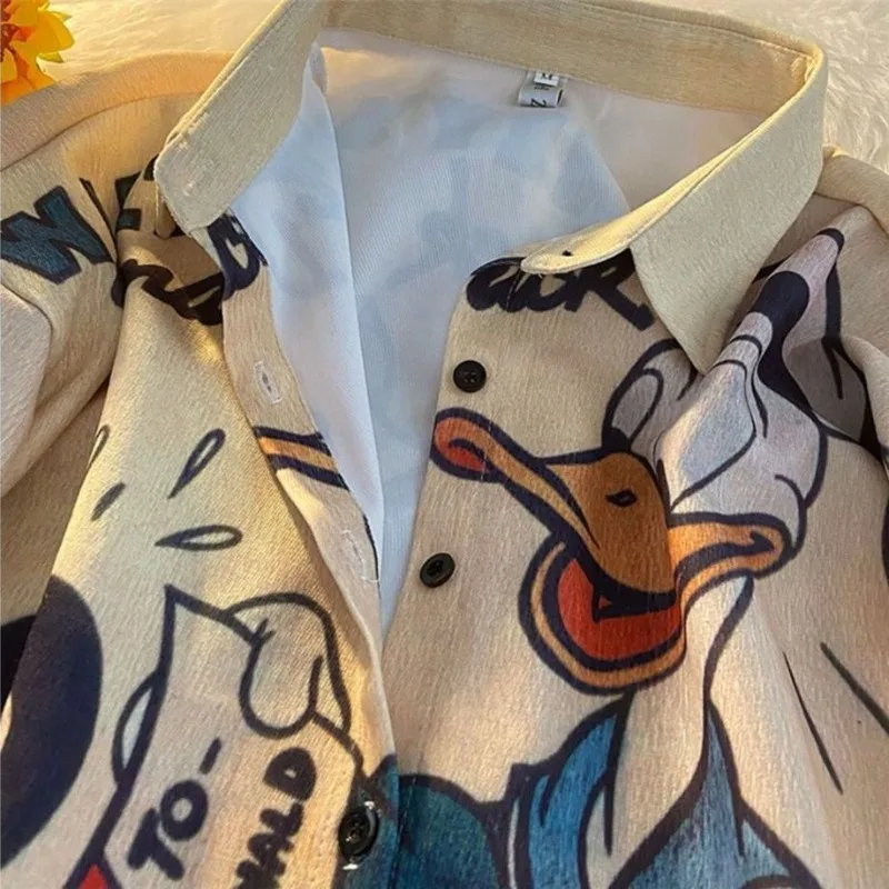 سترة قميص دونالد داك اللطيفة كاواي عصرية ومتعددة الاستخدامات للربيع والخريف قابلة للتنفس برسوم كارتونية كلاسيكية بأكمام طويلة