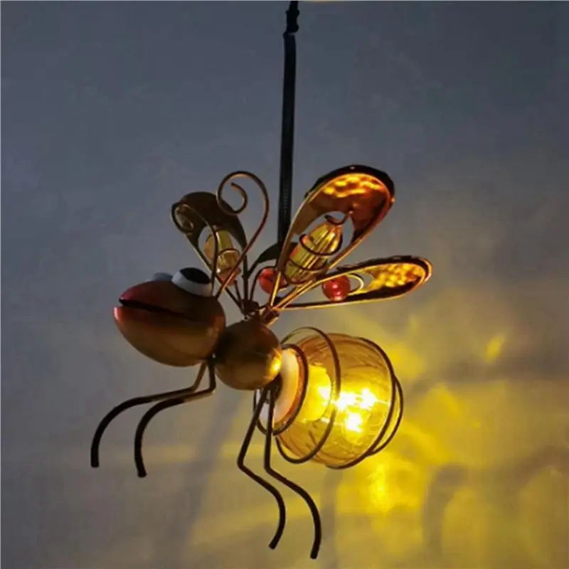 CYCLI-4X Solar Iron Insect Statue With LED Fairy Light Outdoor Hanging Tree Ornament For Fence Yard Courtyard Garden Decor A