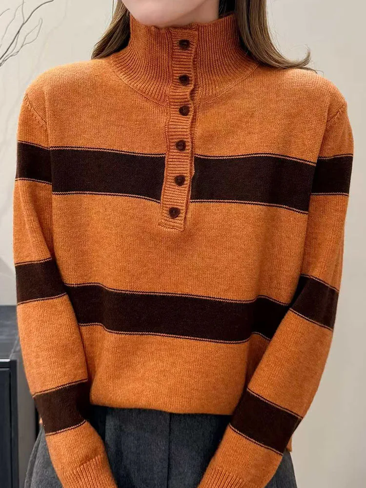Faionable Anti-Aging Heart Button Thiened High Collar Sweater Women's Korean Striped Sle Knitted Wear for Autumn Winter