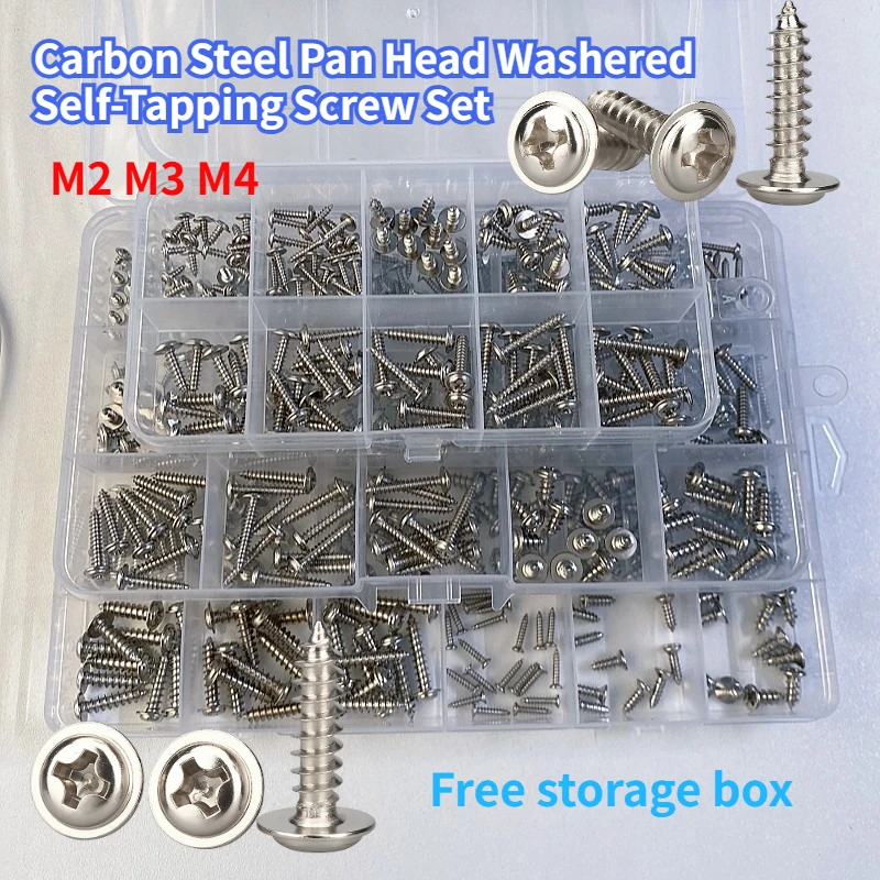 Round Head Cross with Washer Self-tapping Screw Set Nickel-plated M2 M3 M4 PWA Carbon Steel Phillips Wood Screw Assortment Kit