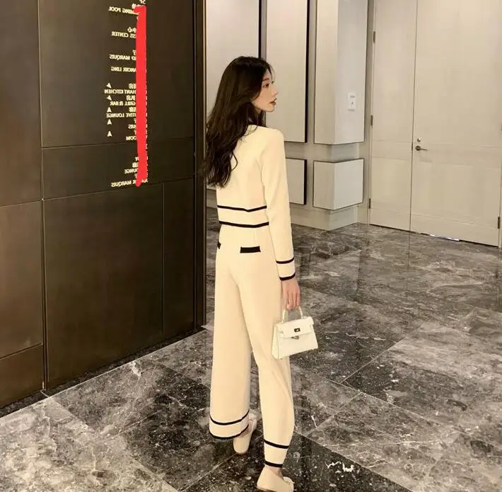 Autumn Suits Show Thin Temperament Xiaoxiang Nine-Point Wide-Leg Pants Two-Piece Knitted Sweater