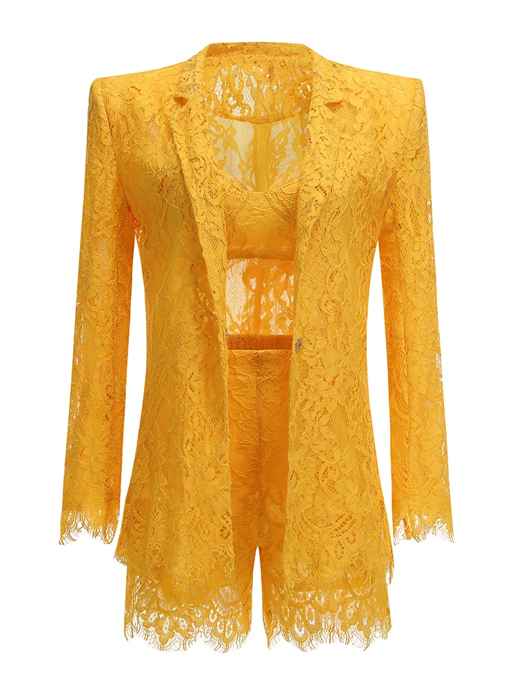 

VC Sunshine Yellow Lace Blazer Crop Top & Shorts Set Beach-Ready for Party Vacation Jams Comfortable Outfit