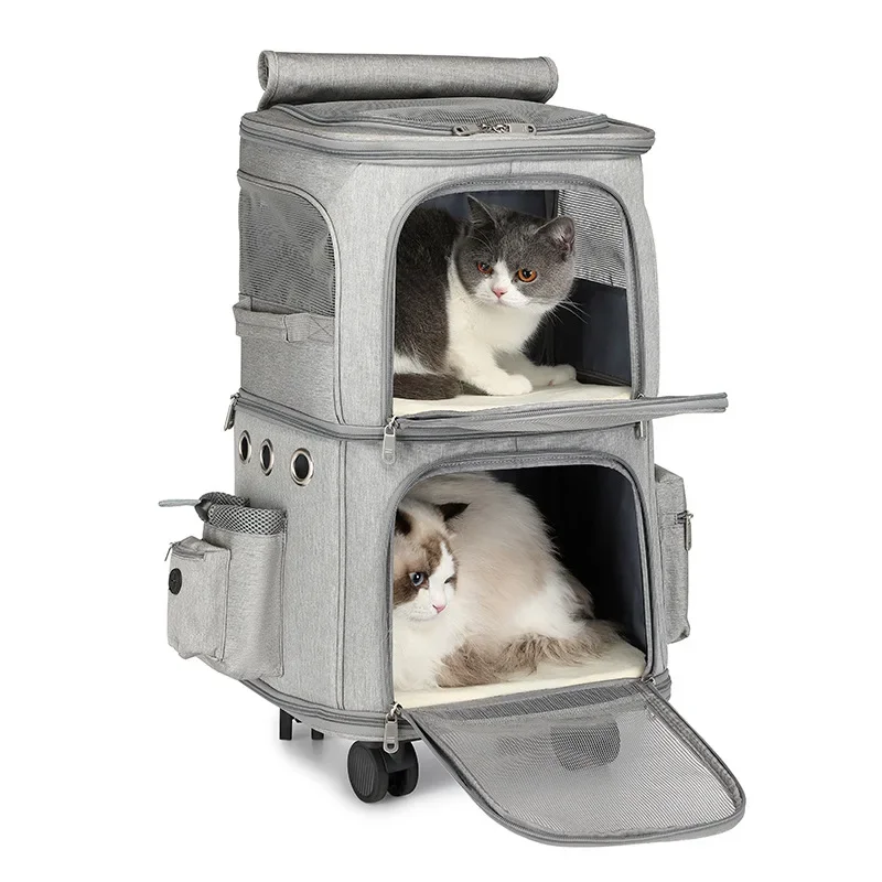 Breathable Foldable Double-layered Cat Carriers & Bags Trolley Case with 55L Capacity for Outdoor Travel with Two Cats