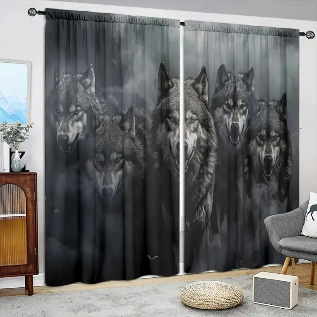 2pcs Wolves Style Printed Curtain For Home Decor Rod Pocket Window Treatment For Bedroom, Office, Kitchen, Living Room, And Stud