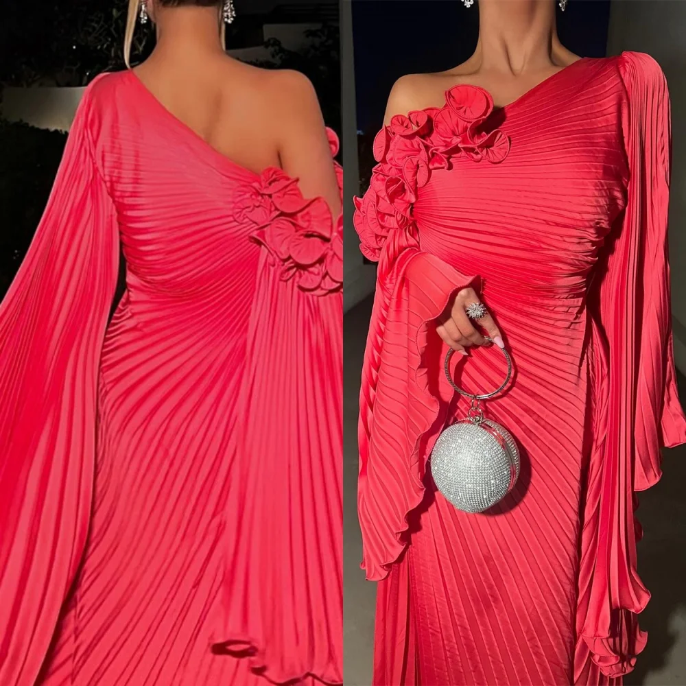 

Customized High Quality Red Evening Dress Temperament One Shoulder Long Sleeves Celebrity Gowns Soft Special Occasion Gowns