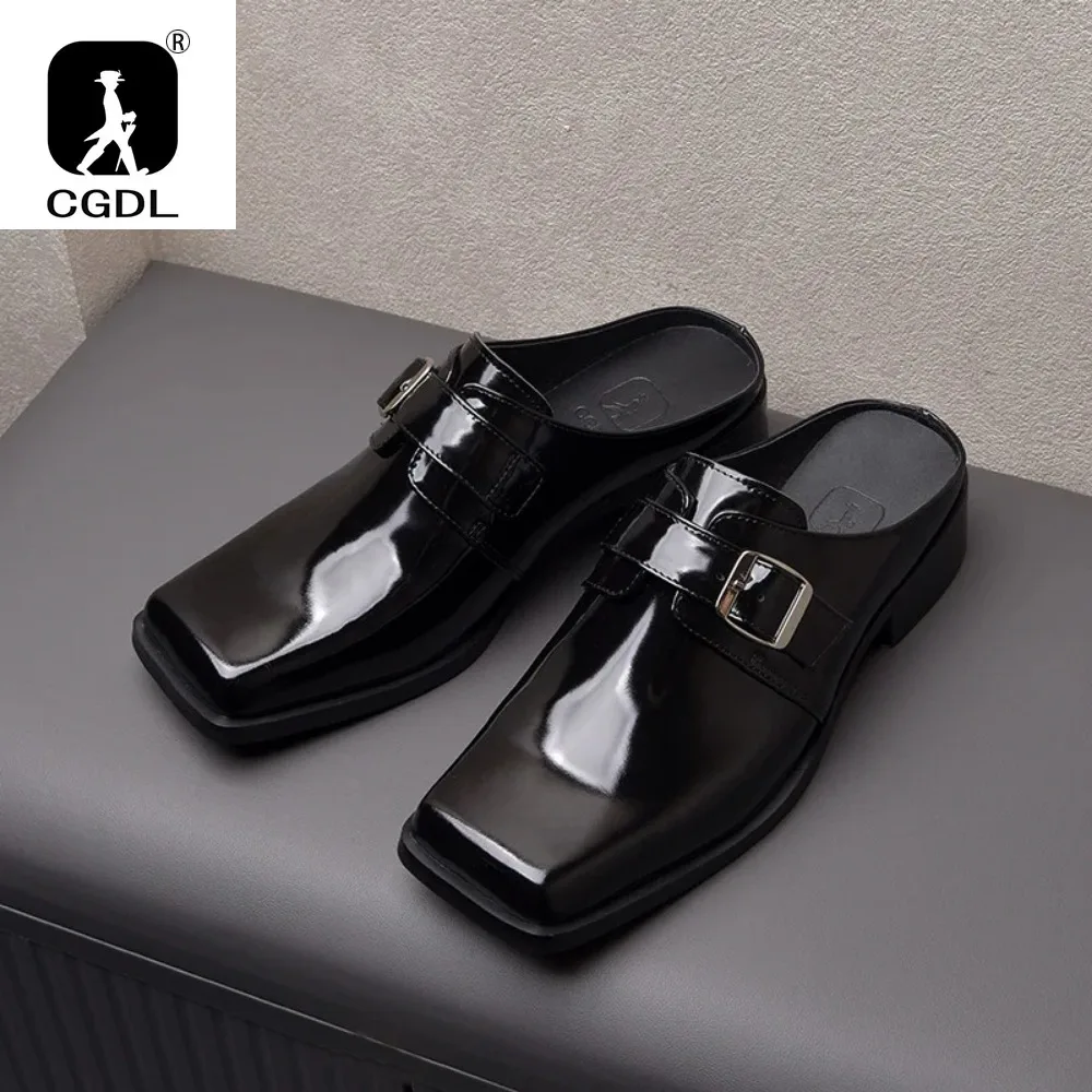 Luxury Patent Leather Mens Half Shoes Slippers 2024 Summer New Designer Black Genuine Leather Man Casual Party Business Shoes