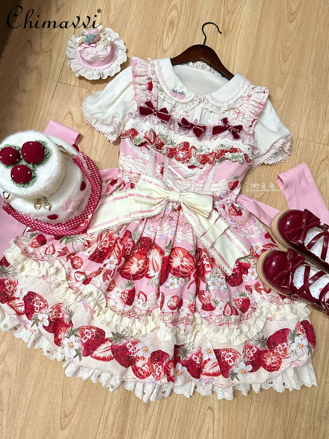 

Original New 2025 Summer New Sweet Princess Strawberry Bud Jsk Dress Lolita Cute Print Birthday Party Girl Dress + Shirt