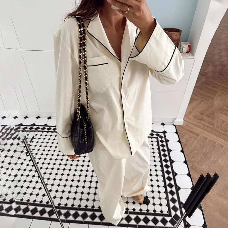 

Fashionable Loose Color Block Long Sleeve Pajama Set Winter Comfortable High End Lounge Wear Home Wear Outdoor L Size Casual