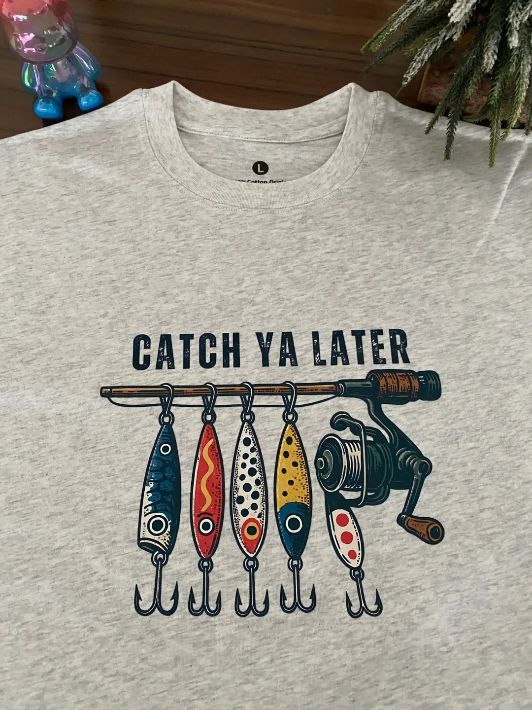 Rotating Fishing Rod Four Fish Bait Sports Cartoon Fun Print Unisex Couple Fishing Commuting Short Sleeve round Neck T-Shirt