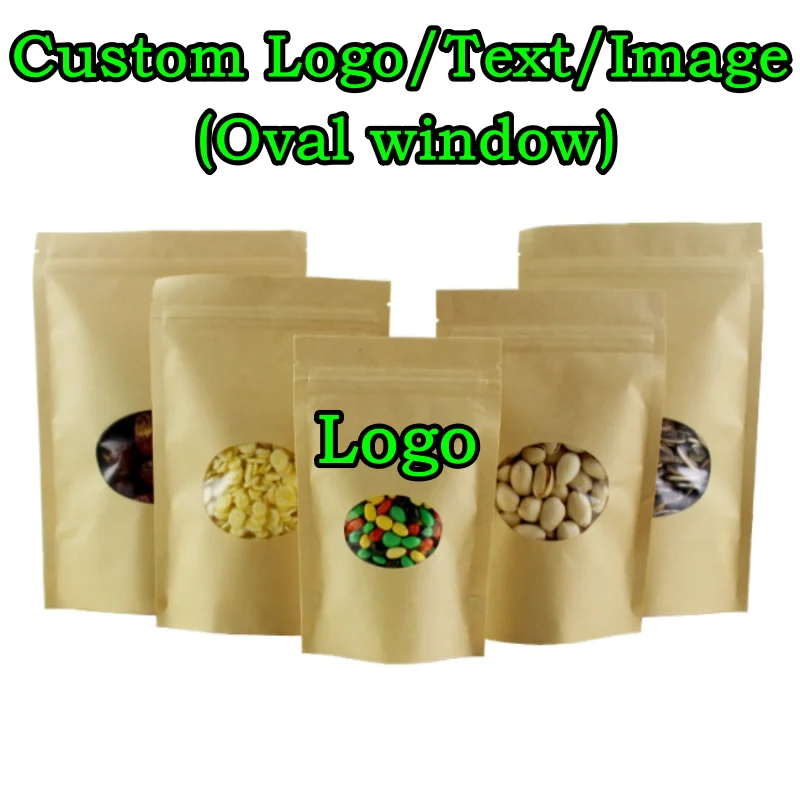 100PCS Kraft Paper Oval Window Packaging Bag DIY Logo Matcha Drip Coffee Cocoa Tea Sugar Candy Beaf Snack Spice Storage Pouches