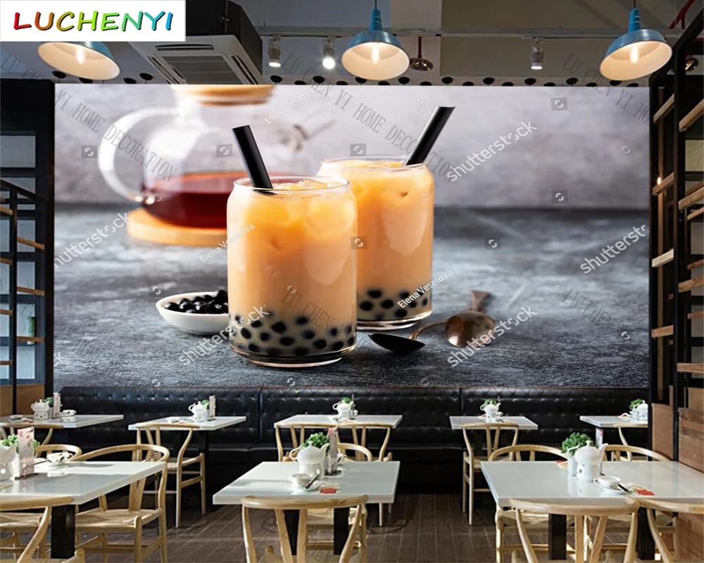 

Custom bubble tea mural wallpaper restaurant drinking shop kitchen dining room wall papers home decor sticker