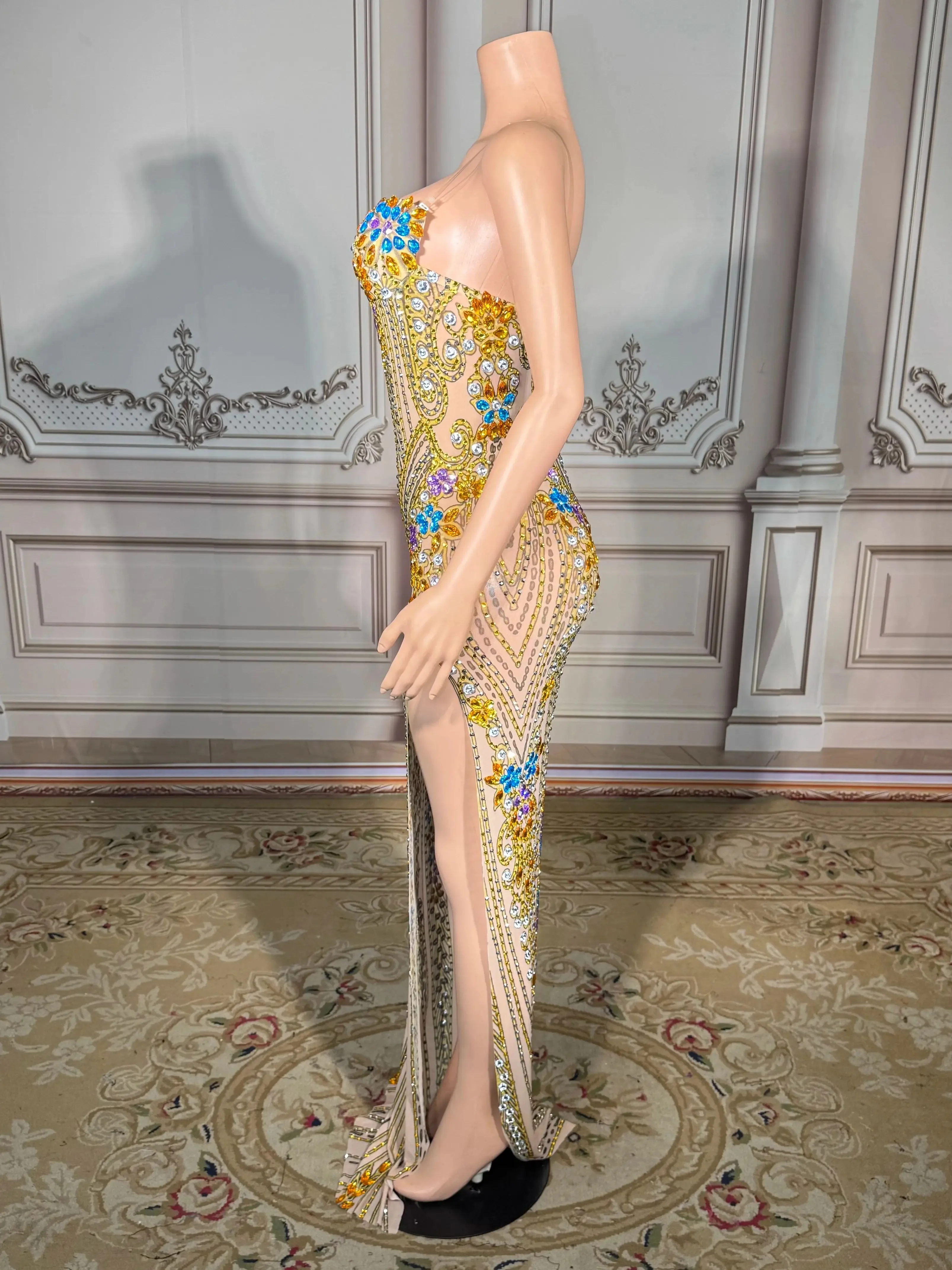 

Модный товар: Элегантное вечернее платье с разноцветными стразами, сексуальное и стильное, с высоким разрезом, роскошное платье для женщин, для вечеринок.