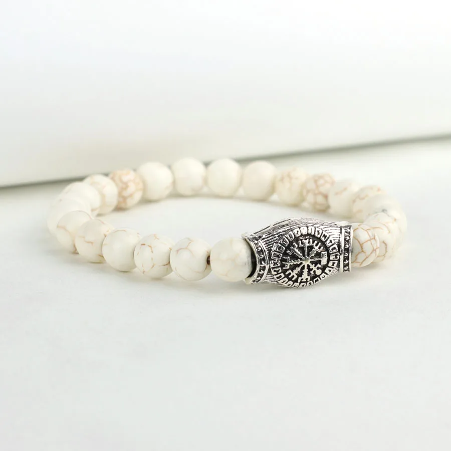 Viking Compass Bead Bracelet for Men Tiger Eye White Howlite Natural Stone Navigation Jewelry Nordic Retro Wristband Joias view 2
