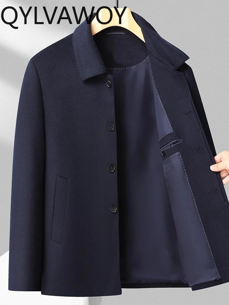 QYLVAWOY Men's High-End Mid-Long 100% Cashmere Lapel Wool Coat Autumn Winter Outerwear sobretudo masculino longo LJ2084
