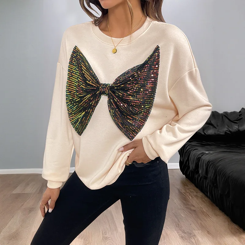 Women Pullover Fashion Round Neck Long Sleeve Sweatshirt Sequin Bow Decor 2025 Autumn Female Clothes