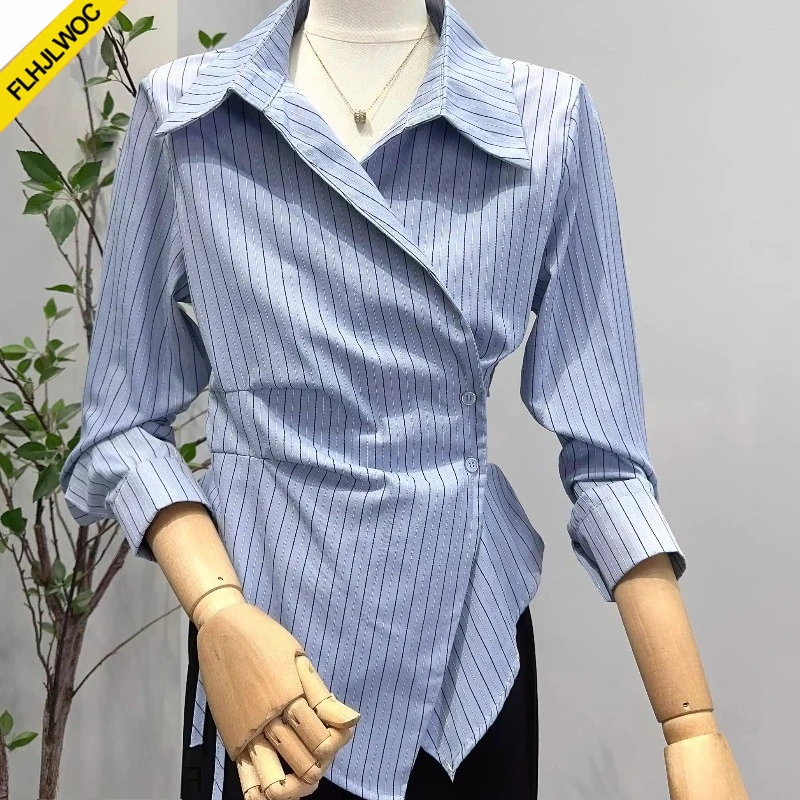 Chic Style coréen Peplum hauts Blouses nouveau 2025 à manches longues filles Style Preppy taille mince conception blanc bouton bleu rayé chemises