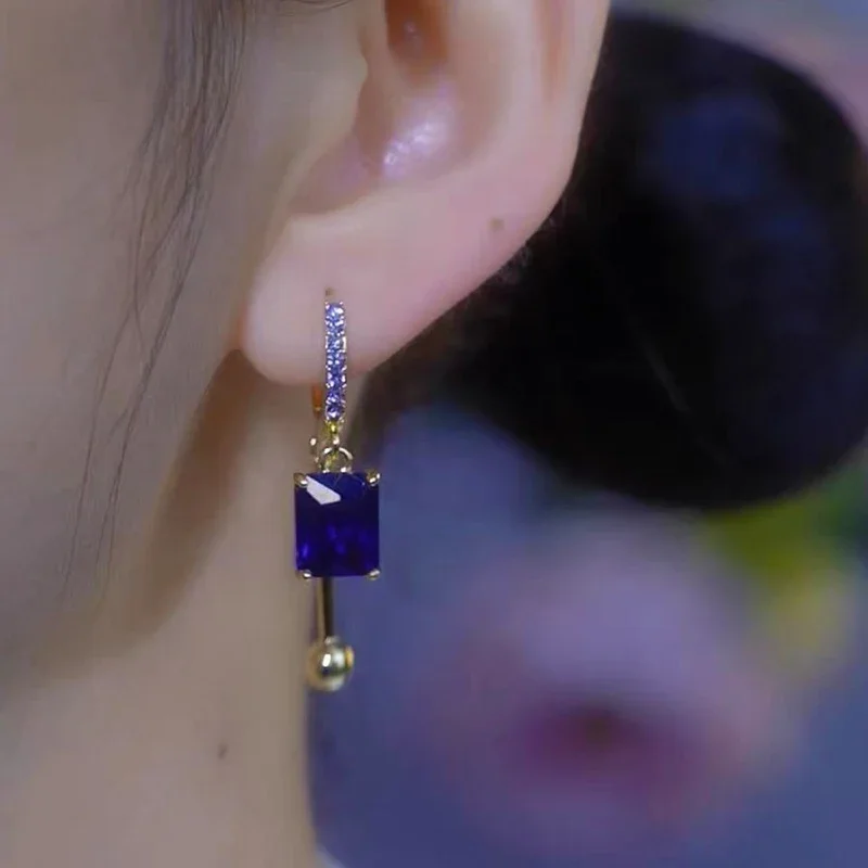 New Unique Purple Square Crystal Pendant Earrings for Women Fashionable Exquisite Elegant Temperament Girls Party Jewelry Gift