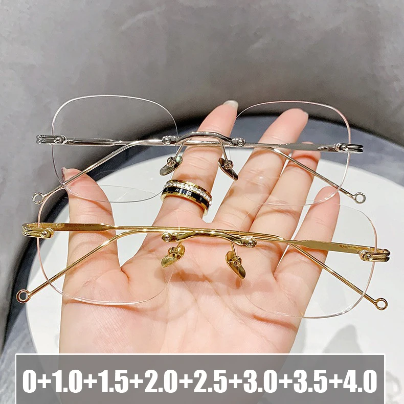 

High Quality Hyperopia Glasses Unisex Square Rimless Anti-blue Light Ultra-light Metal Thin Temples Women Men Reading Eyeglasses