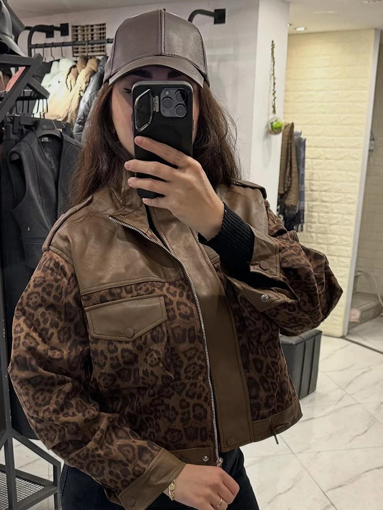 Schicke Jacken mit Leopardenmuster und Kunstfell-Einsätzen für Damen, Reverskragen, Reißverschluss, lange Ärmel, elastische Taille, Herbst-Alltags-Streetwear 2026 – Detail 2