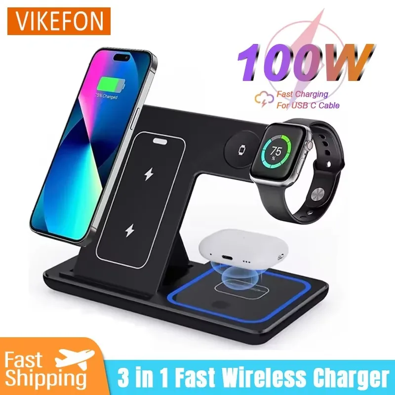 100W 3 in 1 Wireless Charger Holder For iPhone 16 15 14 13 12 Apple Watch S10/9/8 Airpods 4 Pro 2 Foldable Fast Charging Station