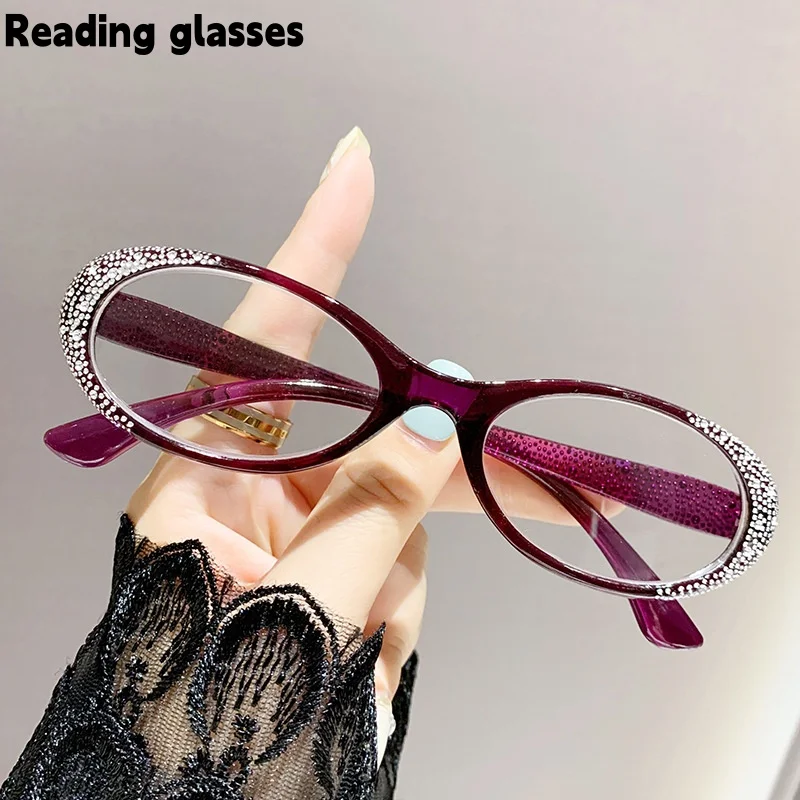 Women's Anti-Blue Light Reading Glasses for Middle-Aged and Elderly People, Oval-Shaped Diamond-Encrusted Reading Glasses