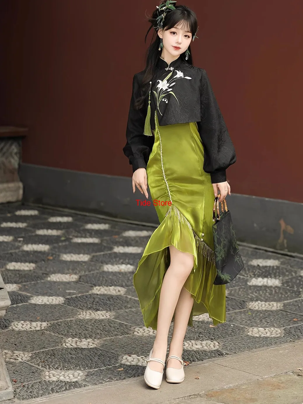 

Улучшенное женское платье Hanfu с позолоченной лилией, пальто, новое повседневное платье на бретелях в китайском стиле, элегантные вечерние платья с элементами Han