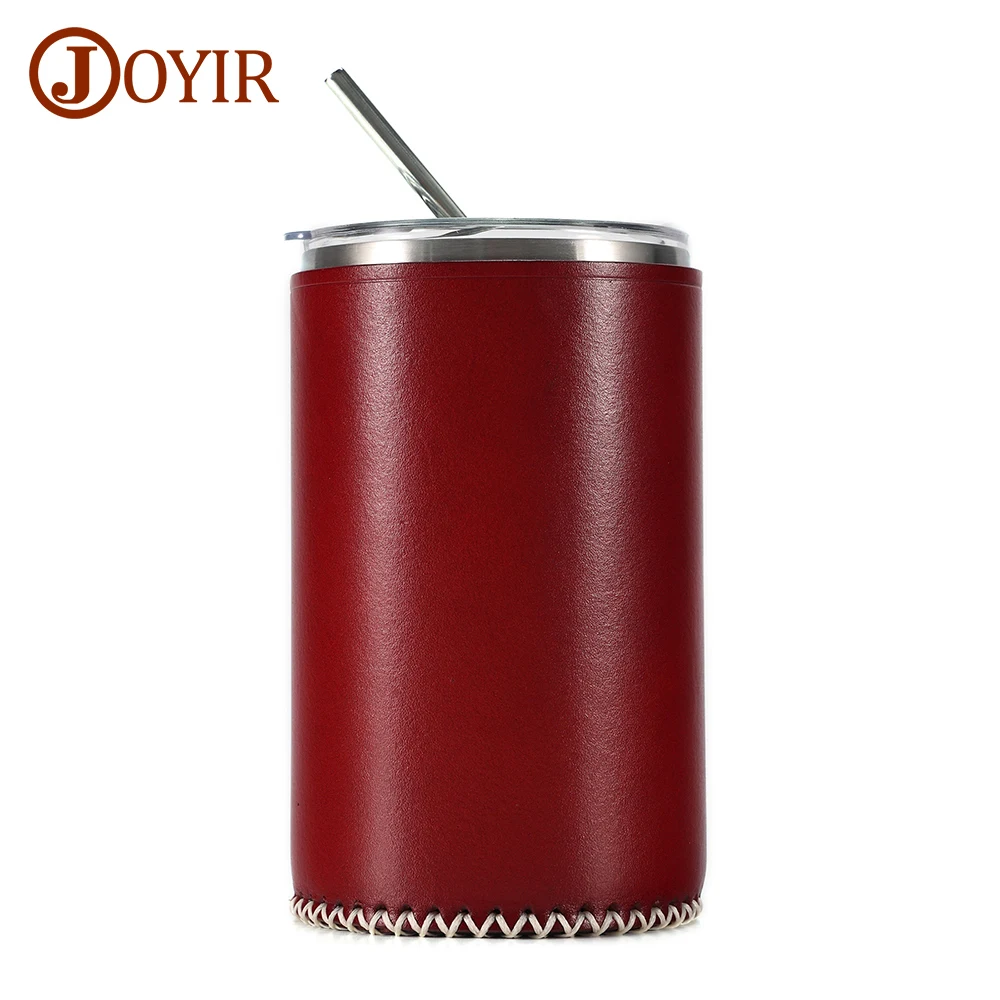 

JOYIR 304 Stainless Steel Handmade Genuine Leather Coffee Straw Cup with Lid Fashion Ice Tea Mug Juice Milk Water Cups Drinkware