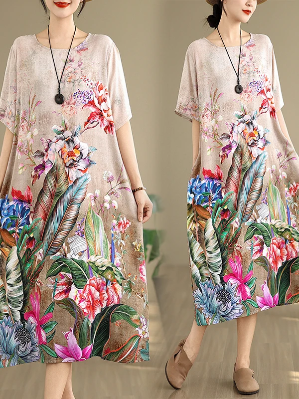 

Платье свободного кроя из шелково-хлопковой смеси с цветочным принтом, мягкое и удобное, женская одежда больших размеров, средней длины, А-силуэт