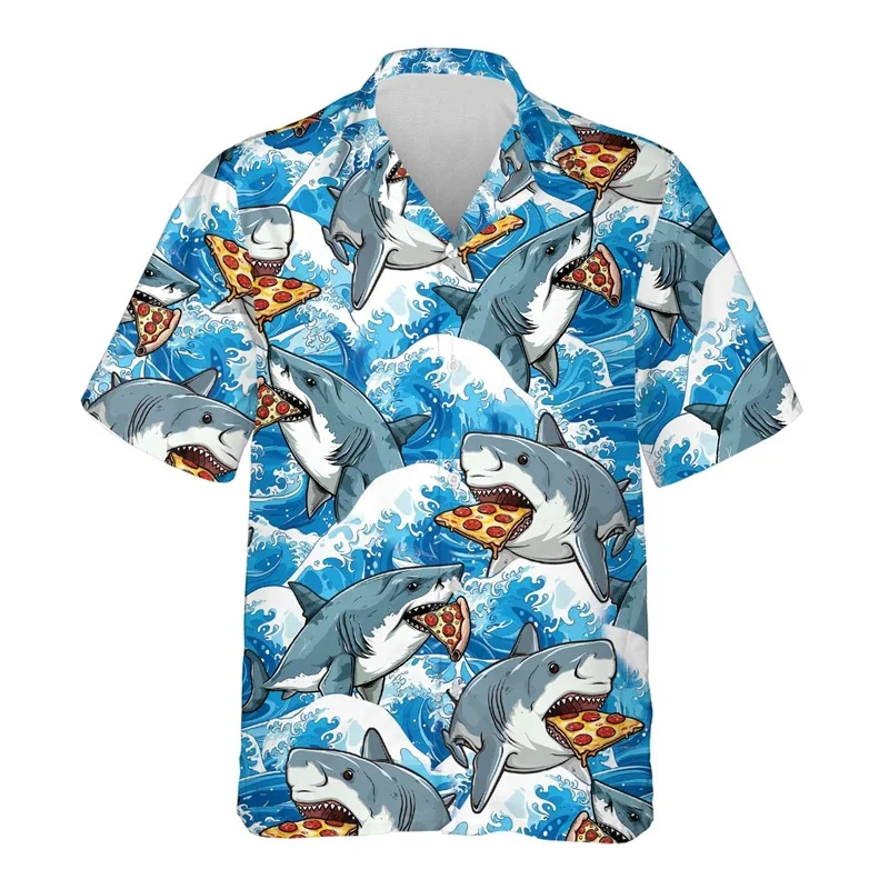 Cartoon Pizza 3D Print Hawaiian Shirt For Men Summer Food Pattern Lapel Button Shirts Street Loose Short Sleeves Blouse Tops