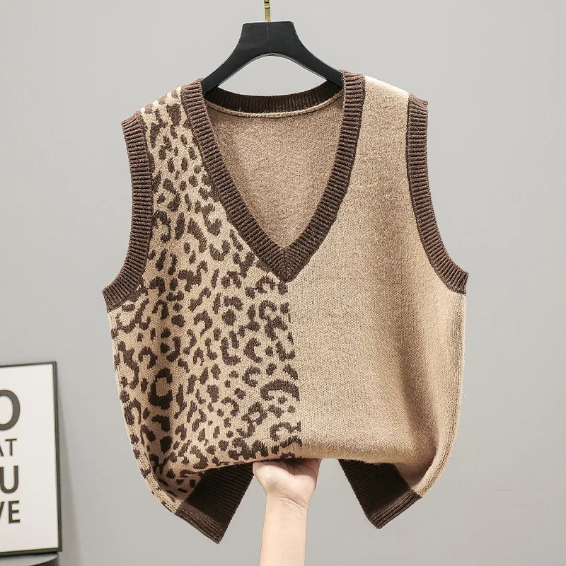 #3908 Spliced Color Leopard Sweater Vest Women Slim V-neck Short Kntted Vest Pullovers Vintage Korean Style Retro Vest Waistcoat