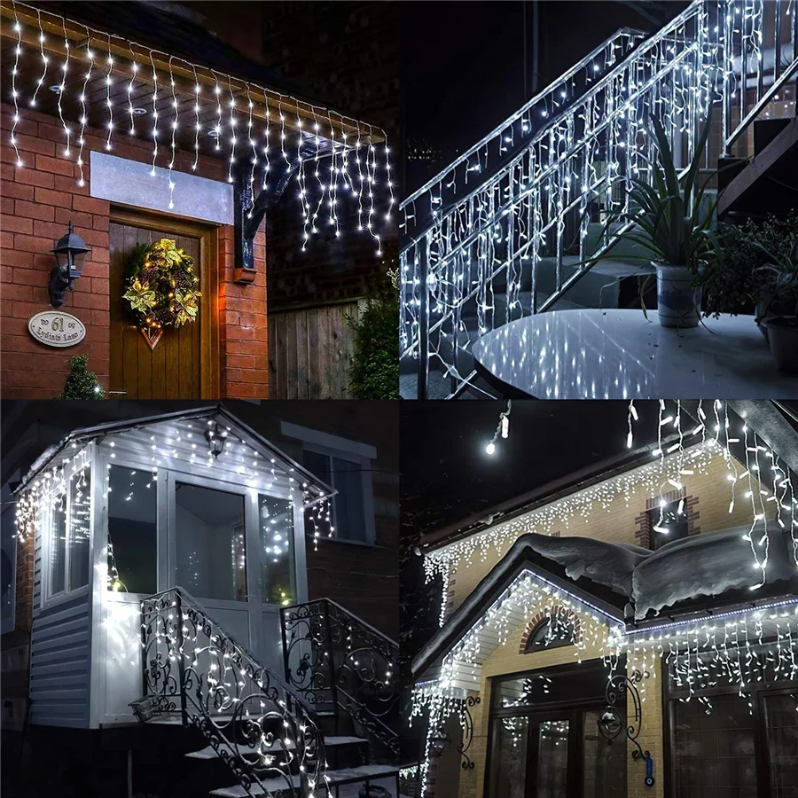 Guirnalda navideña LED de 4M, cortina de luces de hadas para exteriores, guirnalda de luces de carámbanos impermeables para jardín, balcón, valla, centro comercial, decoración de aleros