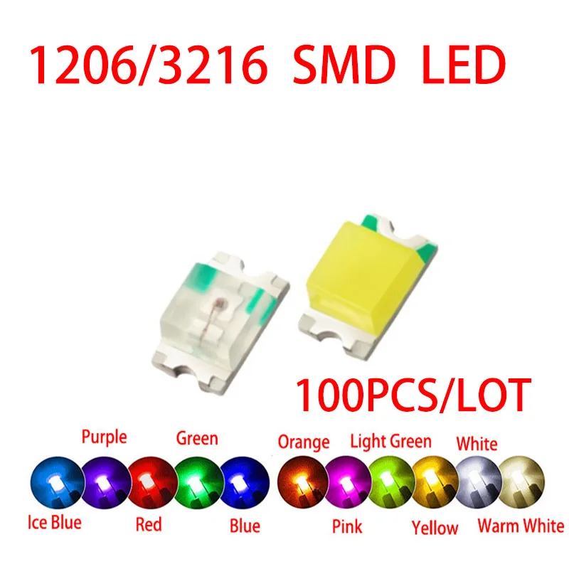 100pcs/LOT 1206/3216 SMD LED Diode Kit Red/Green/Blue/White/Yellow/Orange/Ice blue/Purple LED Light Diodes DIY Electronics Kit