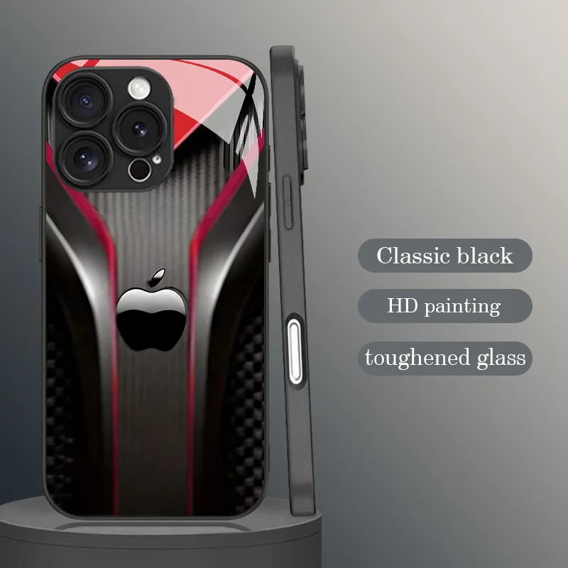 Black carbon fiber tempered phone case suitable for iPhone 17 16 15 14 13 12 11 Pro/Max/Plus anti drop and shockproof back cover - view 2