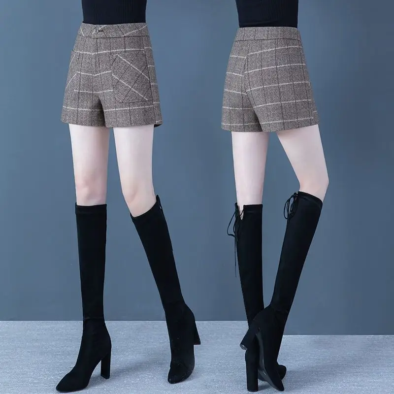 Semplicità Moda Autunno Nuove donne Plaid di lana Bottone con cerniera Coreano Casual Vita alta Allentato A-line Pantaloncini bootcut a gamba larga