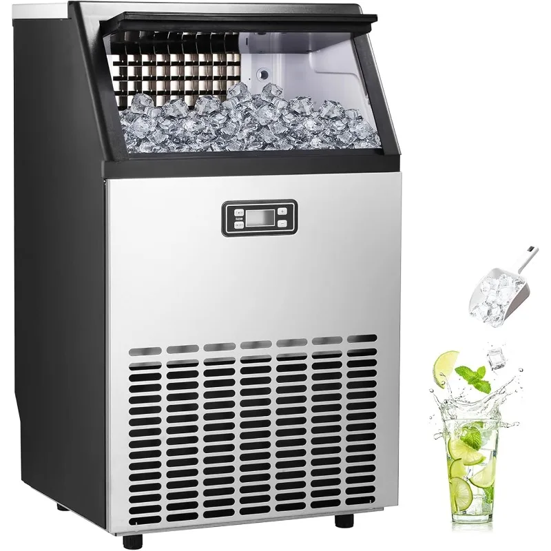 Commercial Ice Machine,100Lbs/Day,Stainless Steel with 48 Lbs Capacity,for Restaurant,Bars,Home & Offices,Includes Scoop Silver