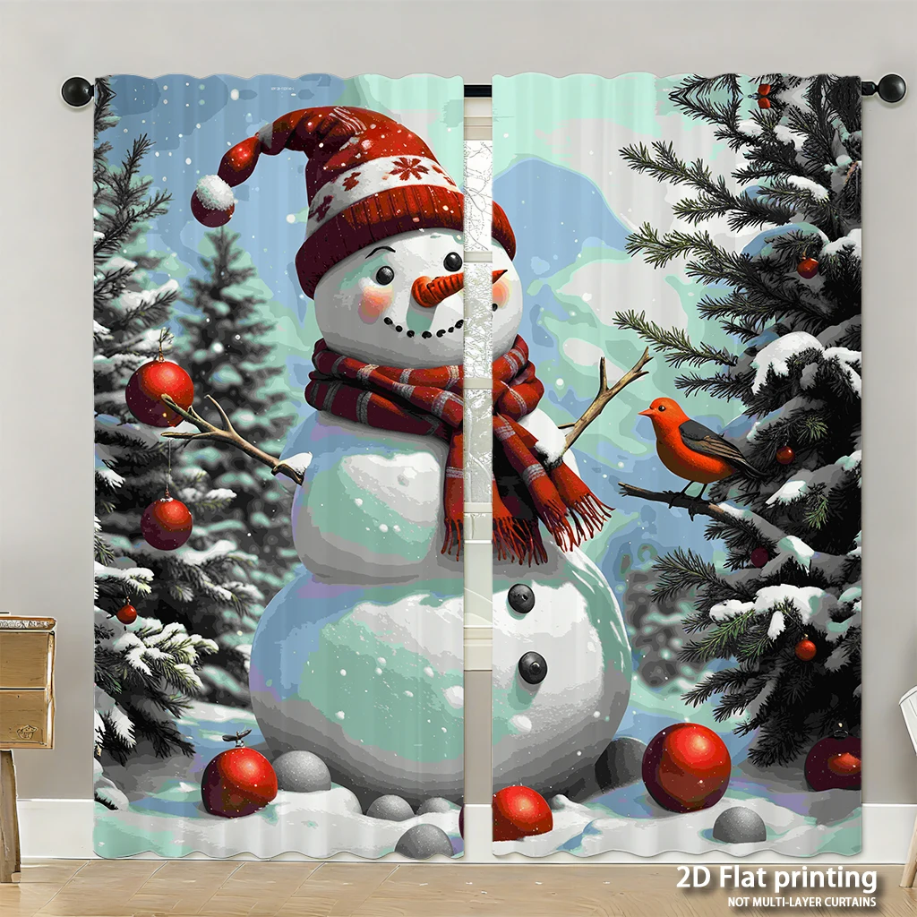 2-piece set of high-definition digital printed curtainschristmas snowman red scarf colorful balls winter treeHome decoration sty