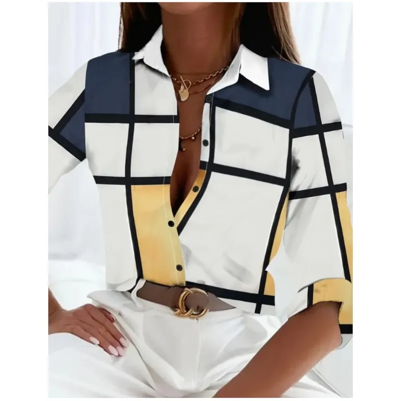 New women\'s long sleeved lapel shirt with personalized printed pattern buttons elegant fashionable and comfortable top for women