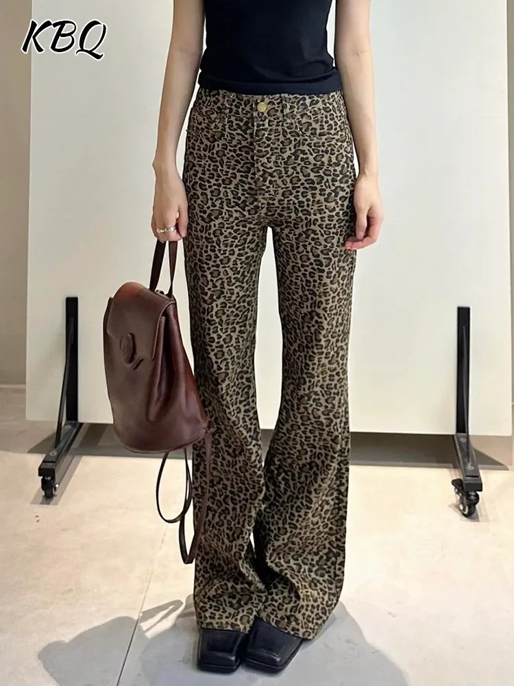 

KBQ Leopard Print Vintage Flare Jeans For Women High Waist Patchwork Button Colorblock Denim Pants Female Fashion Clothing New