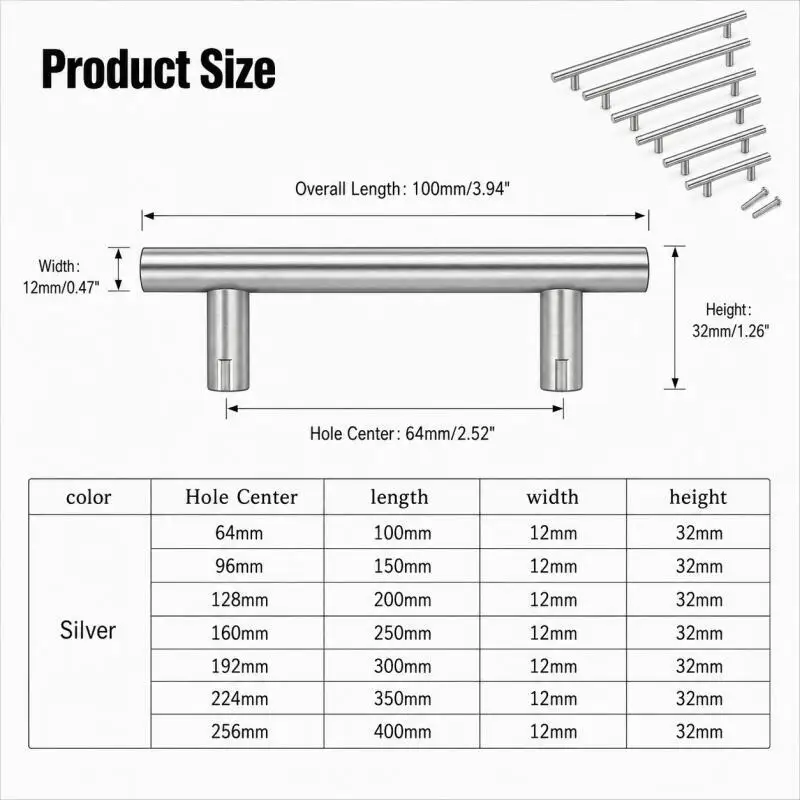 Furniture Handles Wardrobe Door Pull Stainlesss Steel Drawer Handle T Bar Straight Kitchen Long Cabinet Closet Knob  Silver