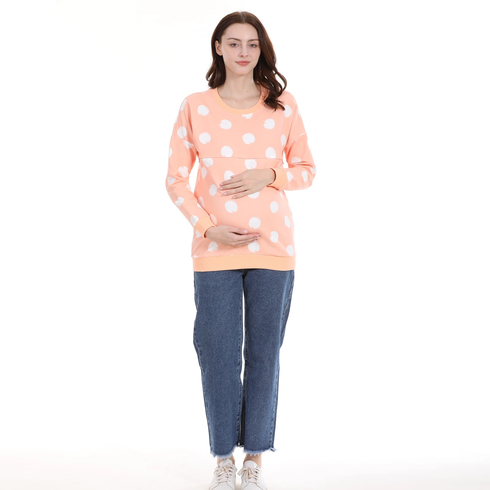 Double Layer Lift Up Maternity Nursing Top Round Neck Long Sleeve White Polka Dot Print Soft Loose Pregnancy Sweatshirt