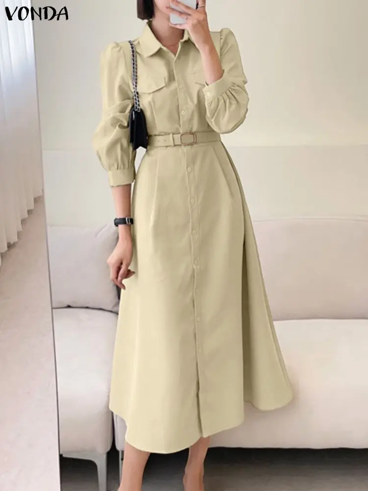 VONDA – Robe chemise longue élégante pour femmes, manches longues, revers, mi-longue, sans ceinture, boutons décontractés, couleur unie, mode automne, Robe de soirée