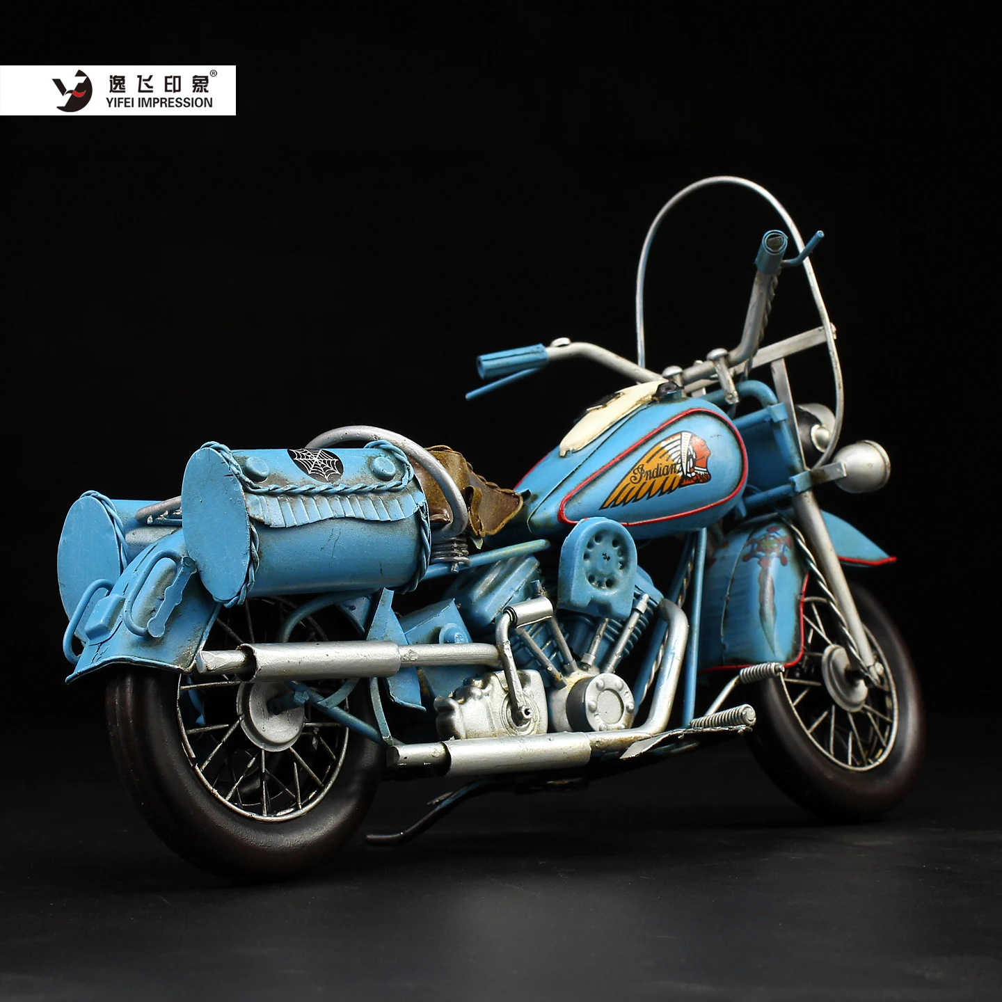 Vintage 1969 Blue American Cruiser Motorcycle Model Handmade Iron Retro Heavy Bike Ornament for Home Office Decor Collectible