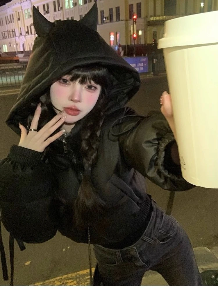 Halloween American style Hot Girl Black Hooded Cotton Jacket Autumn/Winter Harajuku Style Y2K Retro Trendy Women's Tops Emo