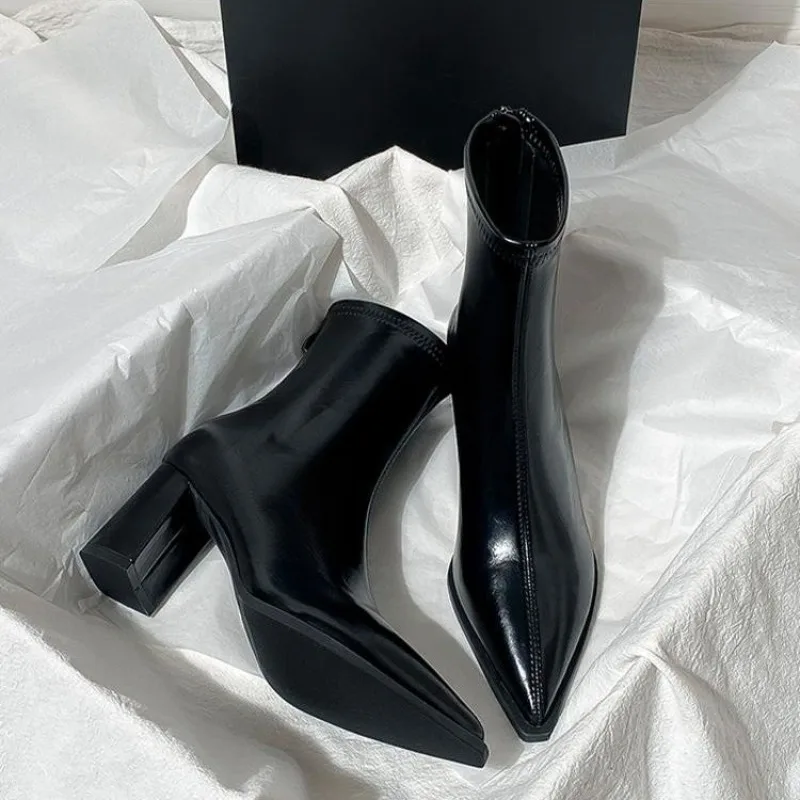

2025 Women's High Heels PU Leather Women's Ankle Boots Warm Waterproof Casual Dress Women's Gothic Motorcycle Boots Botas Mujer