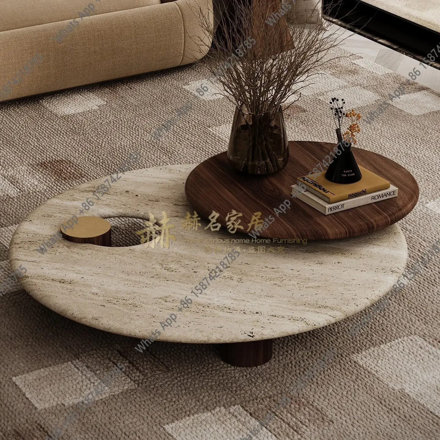 yW Wabi Sand Wind Natural Travertine Coffee Table Designer Premium Sense Solid Wood Tea Table Living Room Simple Medieval Round